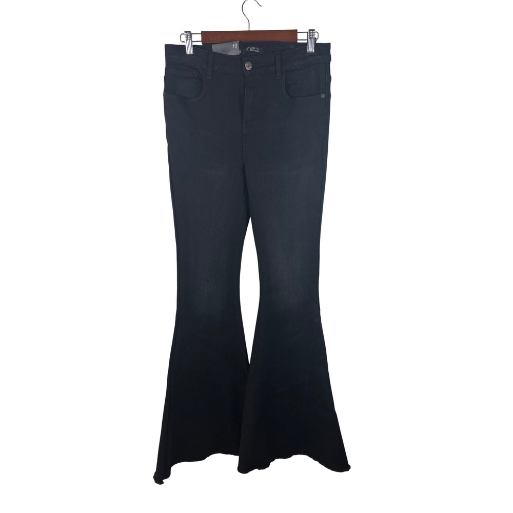 Lucky & Blessed Denim Jeans 10 Black High Rise Bell Bottom Flare Raw Hem NEW